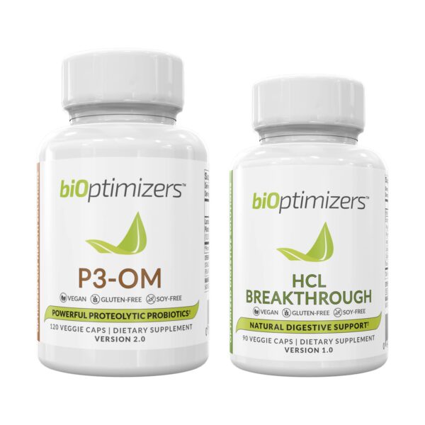 Paquete BiOptimizers P3-OM y HCL Breakthrough suplementos digestivos