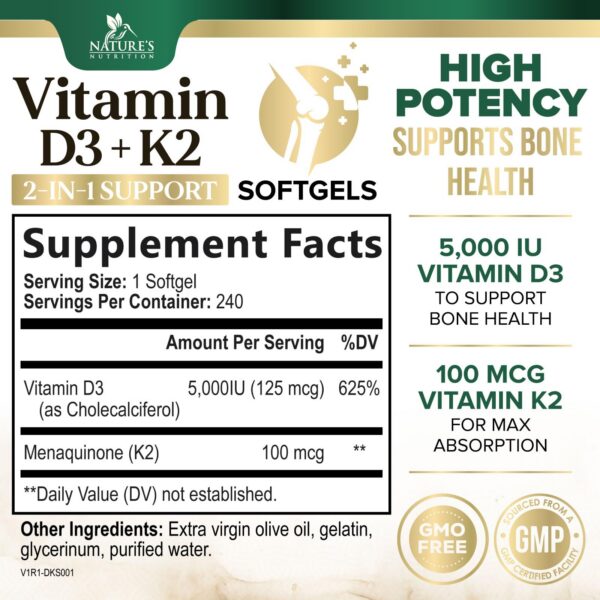 Paquete blíster Nature's Nutrition softgels complejo vitamina d k