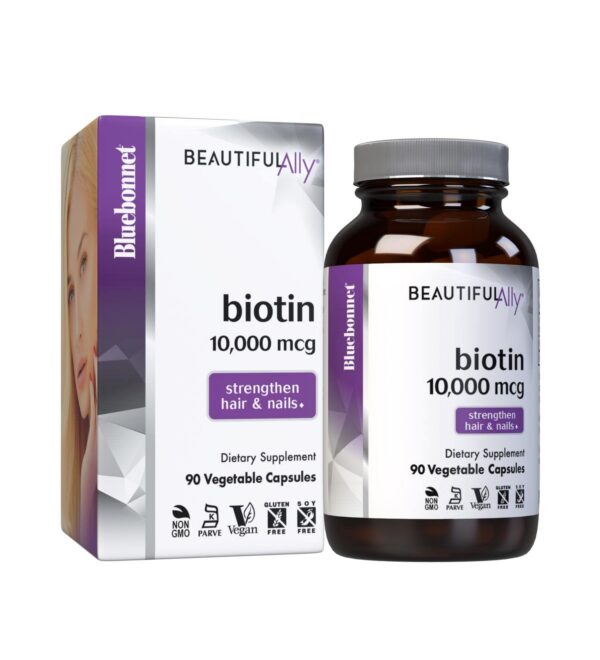 Paquete Bluebonnet Beautiful Ally Biotin 10000 mcg 90 cápsulas vegetales