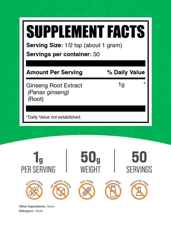 Paquete de BulkSupplements ginseng en polvo vegano 50g