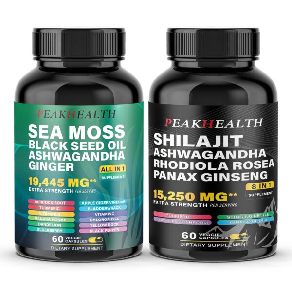 Paquete cápsulas shilajit musgo marino Peakhealth 2 botellas