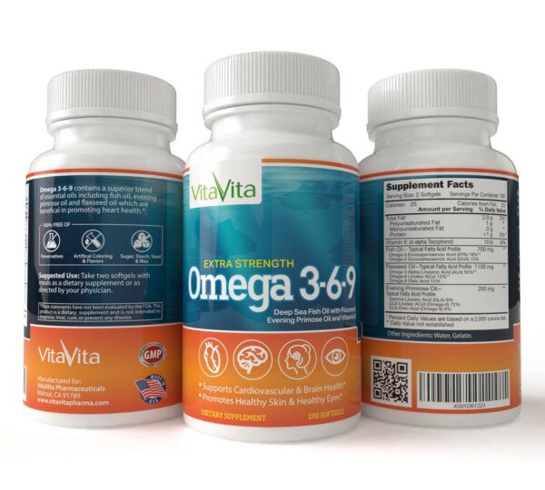 Paquete y cápsulas de suplemento Omega 3-6-9 Extra Fuerza