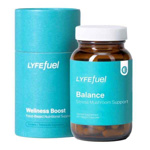 Paquete de cápsulas veganas LyfeFuel para alivio del estrés
