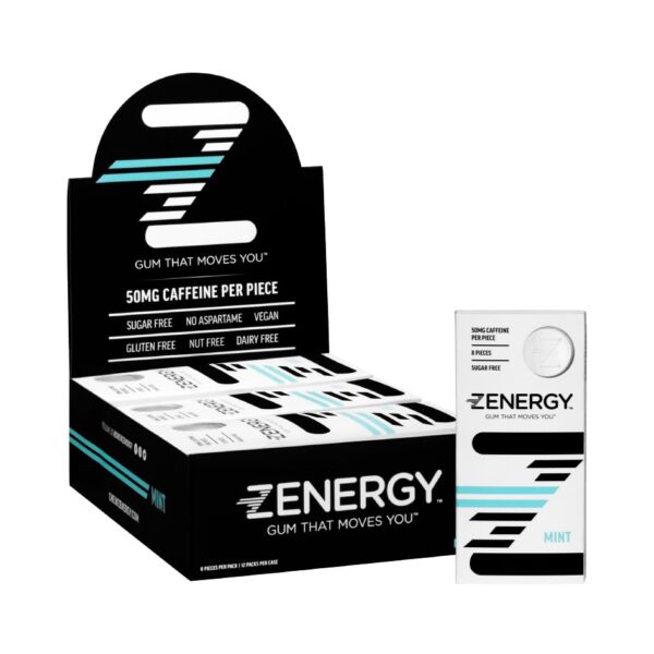 Paquete de chicle energético ZENERGY sabor menta 50mg cafeína