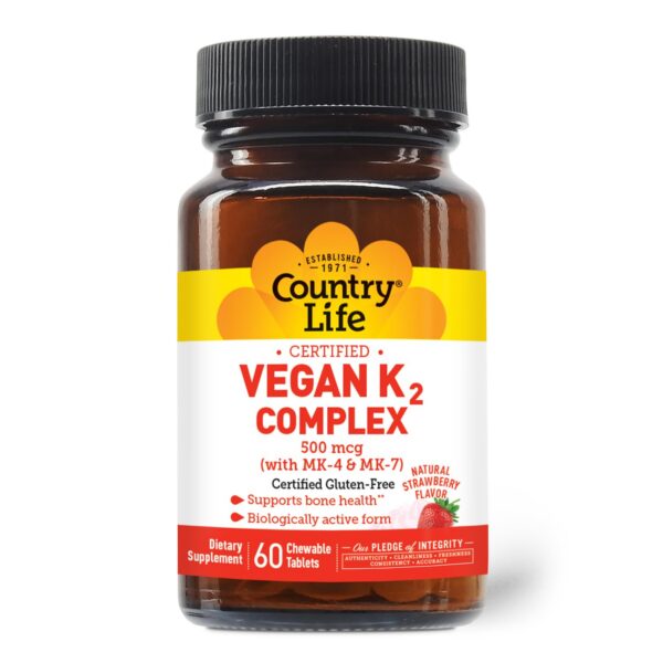 Paquete Country Life vitamina K2 vegana 500 mcg sabor fresa 60 tabletas