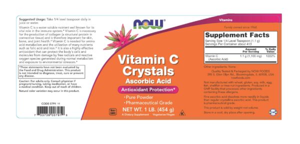 Paquete cristales Vitamina C pureza grado farmacéutico Now Foods