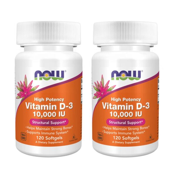 Paquete doble NOW Foods vitamina D3 10,000 UI 120 cápsulas blandas