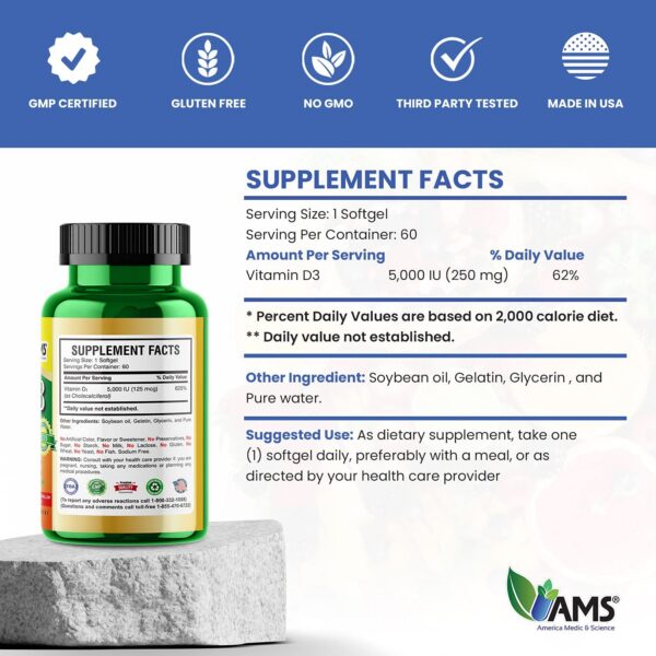 Suplemento vitamina D3 5000 UI America Medic y Science paquete