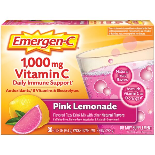Paquete Emergen-C polvo vitamina C sabor limonada rosa