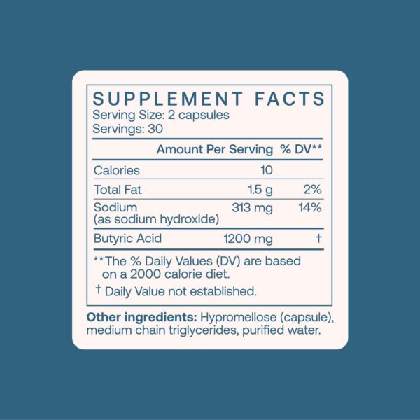 Paquete y frasco BodyBio Butirato para salud intestinal