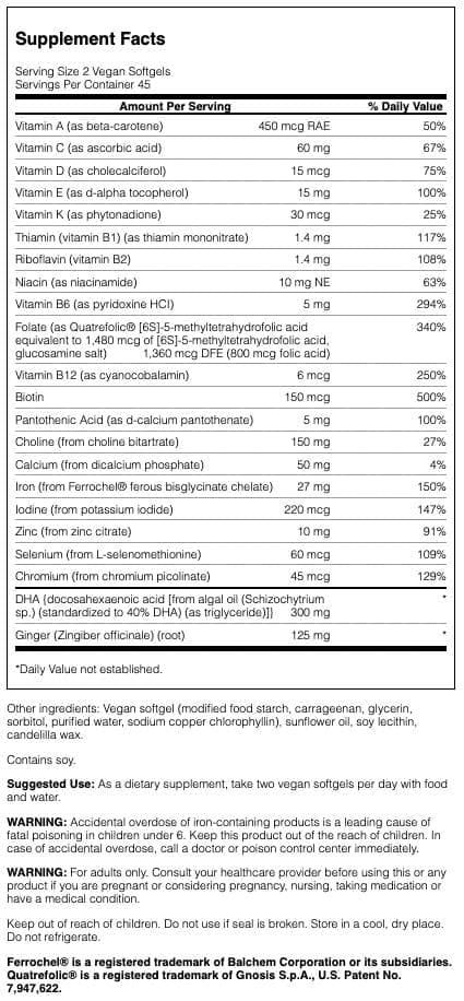 Paquete frontal Swanson prenatal vegano multivitamínico
