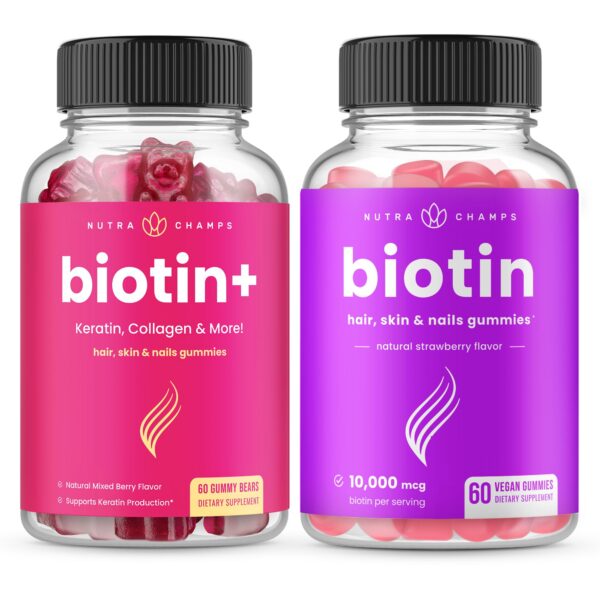 Paquete gomitas NutraChamps Biotina+ y Biotina para belleza