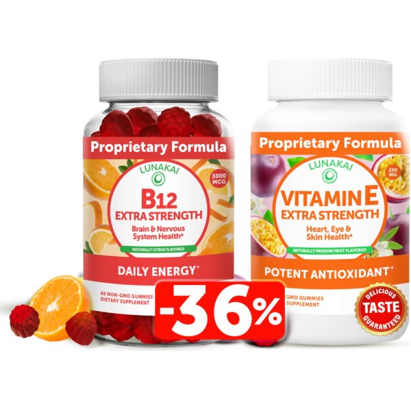 Paquete de gomitas vitamina B12 y E Lunakai sabor naranja