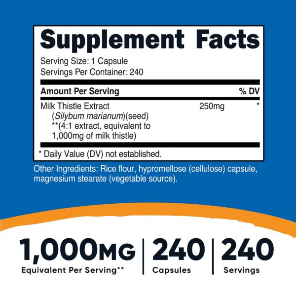 Paquete lateral cápsulas de cardo mariano Nutricost suplemento natural