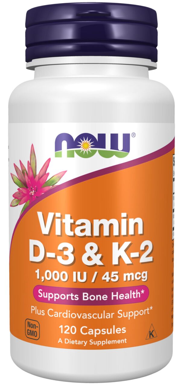 Paquete NOW Foods suplemento vitamina d3 k2 vista posterior
