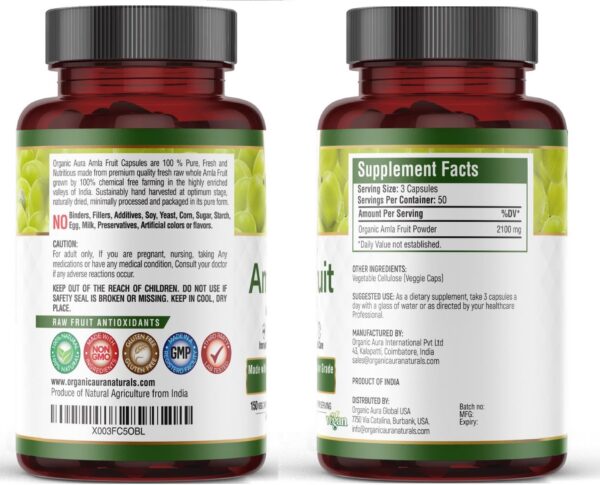 Paquete Organic Aura suplemento vegano vitamina c Amla