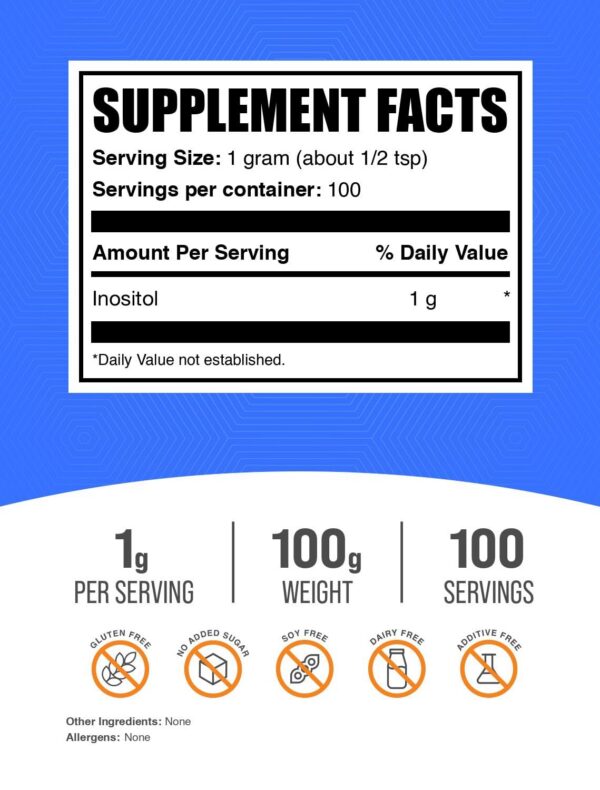 Paquete polvo BulkSupplements suplemento inositol 100g