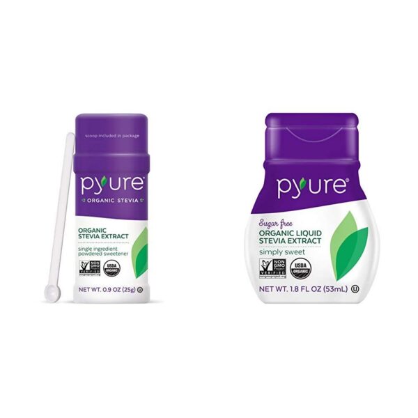 Paquete de polvo y gotas líquidas de stevia orgánica Pyure
