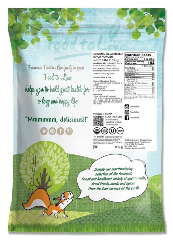 Paquete grande polvo de maca amarilla Food to Live 8 libras