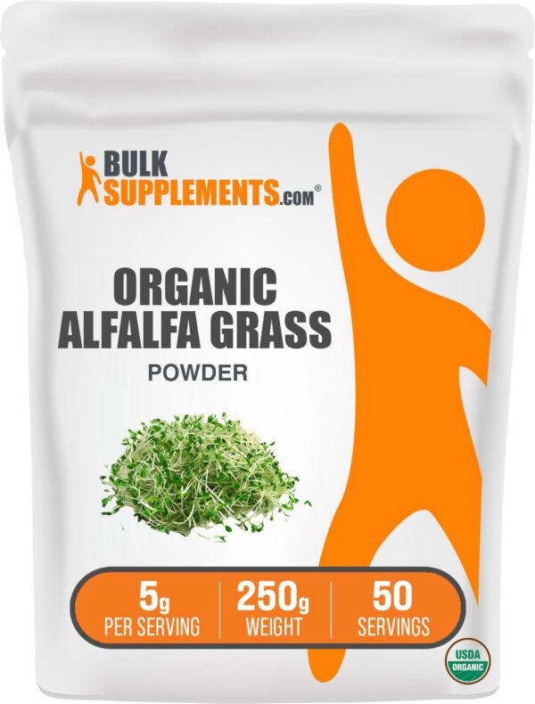 Paquete polvo orgánico de alfalfa BulkSupplements 250g