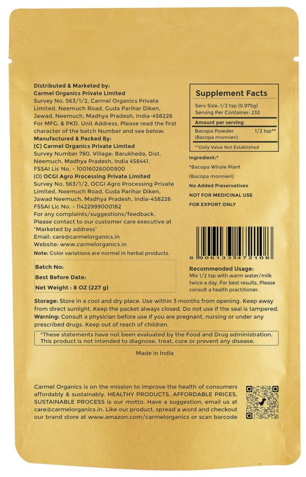 Paquete de polvo puro de Bacopa para soporte cognitivo
