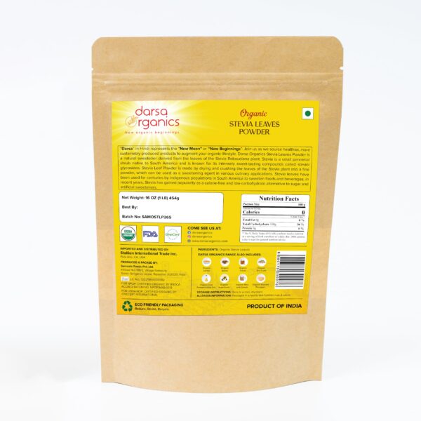 Paquete polvo stevia sin calorías certificado USDA