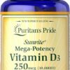 Paquete Puritan's Pride vitamina D3 10,000 UI 200 cápsulas