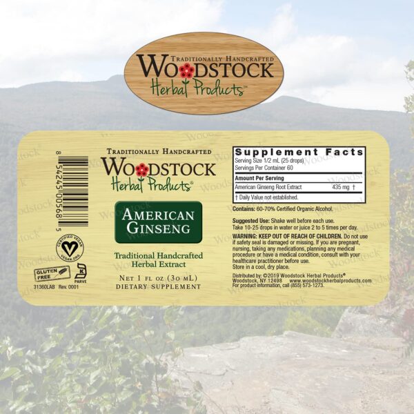 Paquete de raíz de ginseng americano Woodstock Herbal Products 1 onza vista lateral