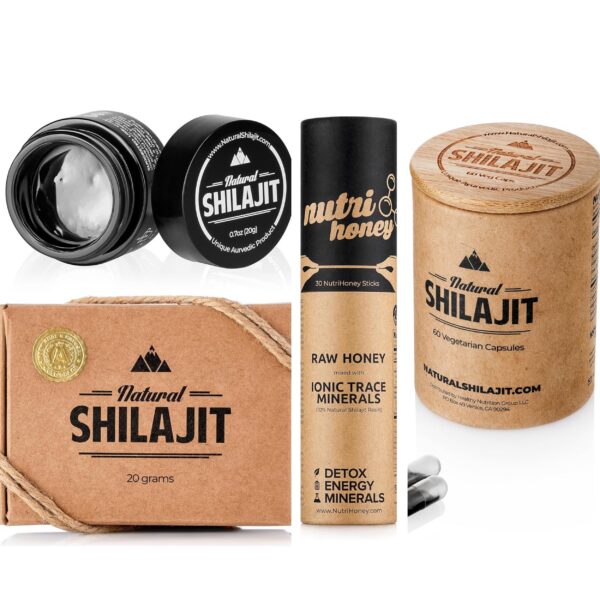 Version 1.0.0 Paquete resina natural SHILAJIT 20g y cápsulas palitos miel