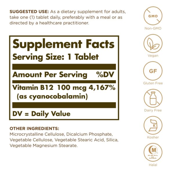 Paquete SOLGAR Vitamina B12 100 tablets sin gluten y sin lácteos