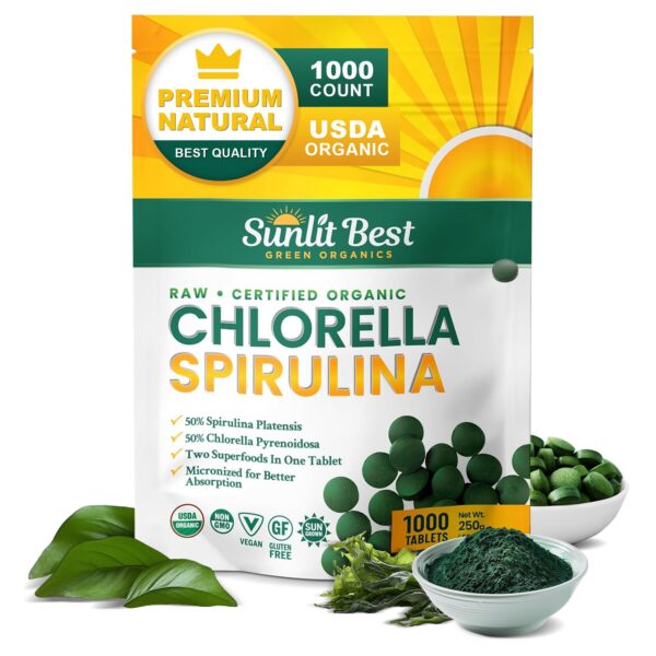 Paquete Sunlit Best tabletas orgánicas Chlorella y Spirulina 1000