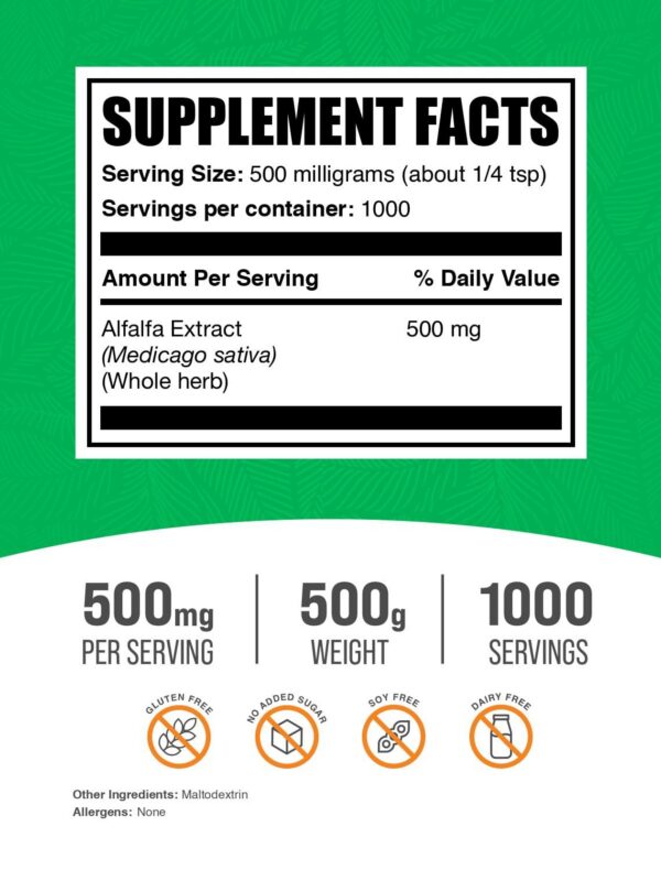 Paquete suplemento alfalfa polvo BulkSupplements salud