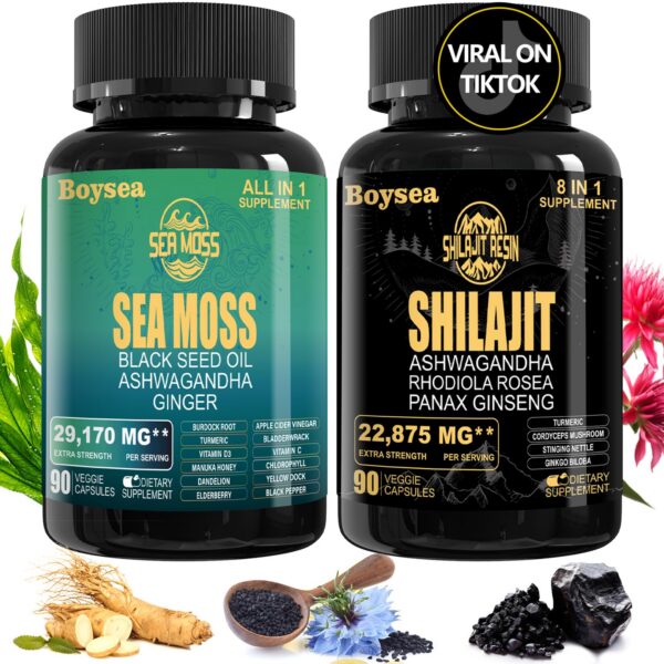 Paquete suplementos Geloo cápsulas Sea Moss y Shilajit para salud integral