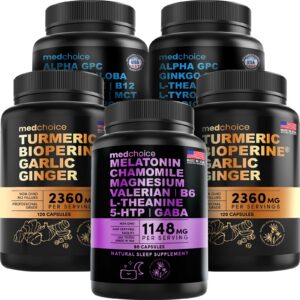 Paquete de suplementos Medchoice mostrando melatonina, cúrcuma y nootrópico