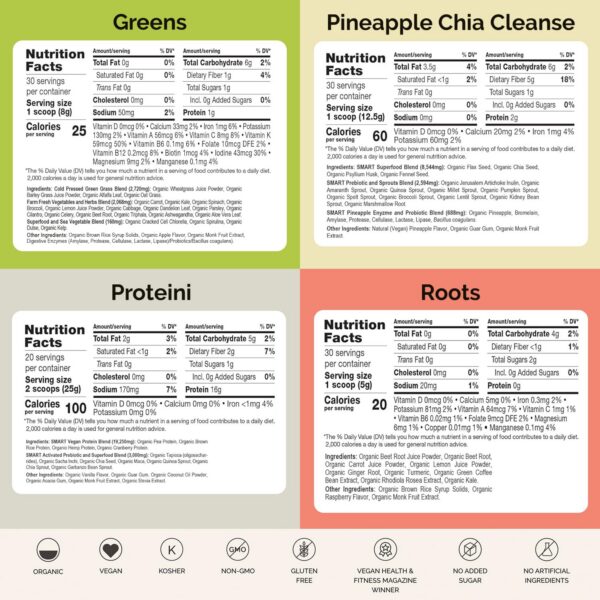 Paquete surtido de jugos verdes y proteína vegana de vainilla