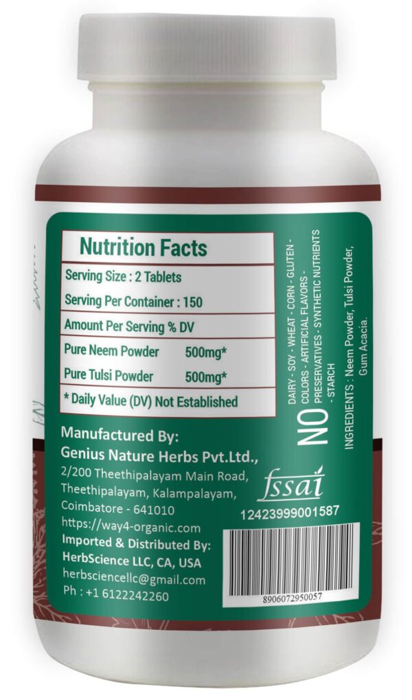 Paquete de tabletas Neem Tulsi sin recubrimiento químico