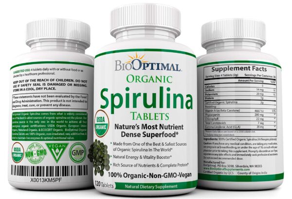 Paquete tabletas orgánicas BioOptimal chlorella y espirulina