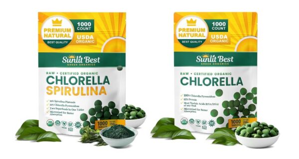 Version 1.0.0 Paquete de tabletas Spirulina y Chlorella Sunlit Best 1000 unidades