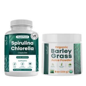 Paquete Teaveli cápsulas spirulina chlorella y polvo jugo cebada