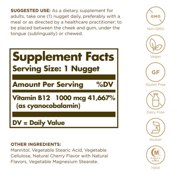 Paquete vitamina b12 sublingual Solgar 100 porciones sin gluten