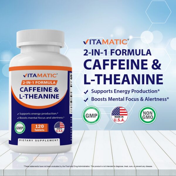 Paquete de Vitamatic L-Teanina 200mg y Cafeína 100mg 120 tabletas