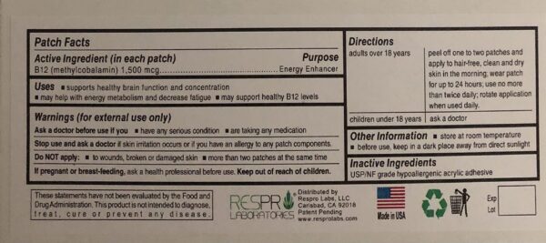 Cerca del parche B12 Respro Labs mostrando textura