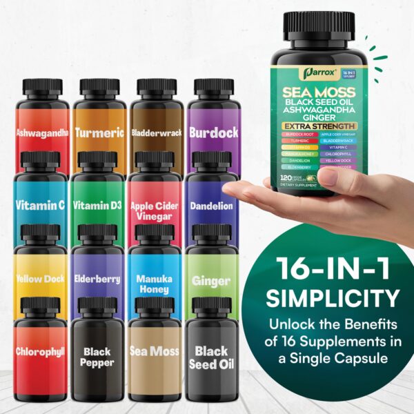 Version 1.0.0 Cápsulas Parrox Sea Moss alineadas en fondo blanco