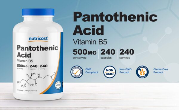 Parte lateral frasco Nutricost vitamina B5 ácido pantoténico