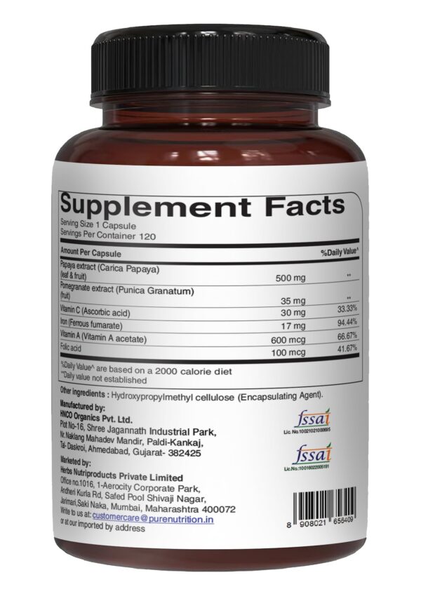 Parte posterior suplemento Pure Nutrition Papaya compuesto