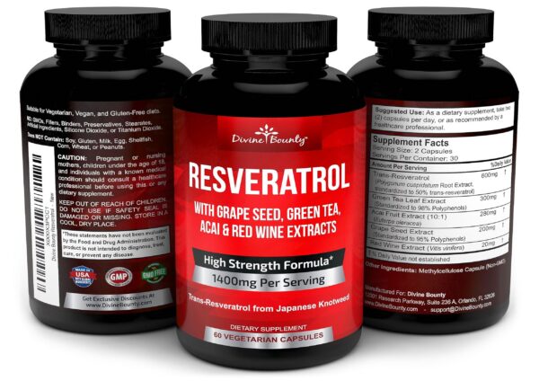 Parte trasera etiqueta con información Resveratrol Divine Bounty