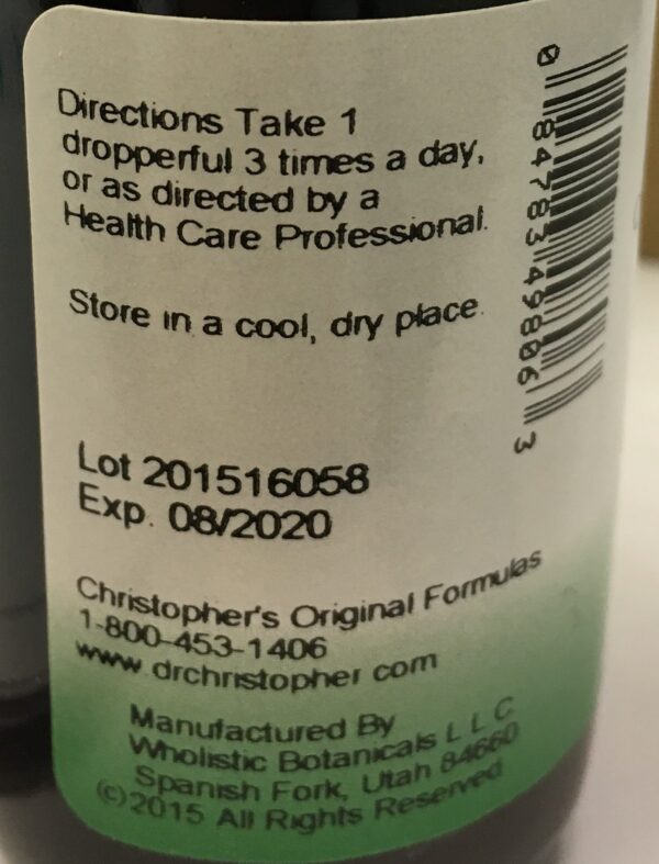 Parte trasera extracto líquido Dr. Christopher hierba de San Juan