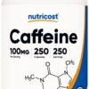 Botella de pastillas de cafeína Nutricost 100mg 250 cápsulas