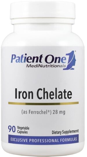Version 1.0.0 Patient One Iron Chelate 28 mg cápsula y etiqueta front