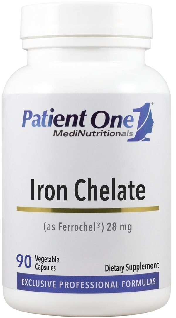 Patient One Iron Chelate 28 mg cápsula y etiqueta front